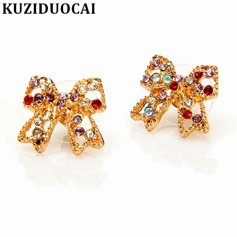 Sweet Stud Earrings Back U Clips Bow Knot All Black Crystal Dangle for Girls Women