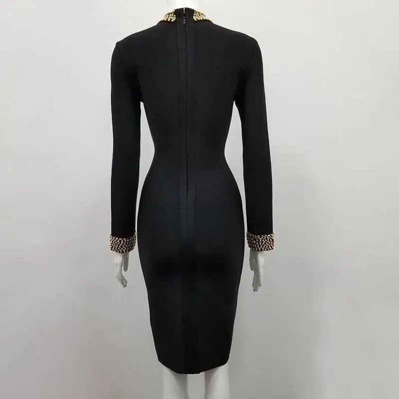 Высококачественное черное Бандажное платье до колен с длинным рукавом и бусинами, вечернее платье