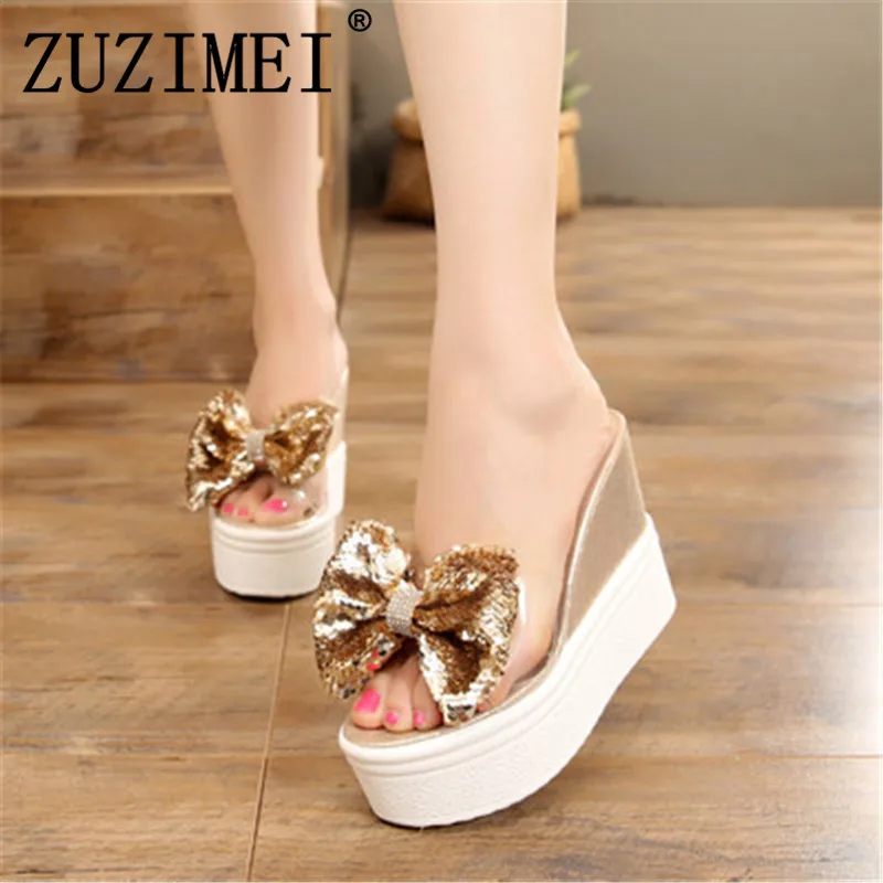 

2019 new 11CM super high heel women's slippers Europe and America nightclub wedges slippers muffin thick sandals and slippers