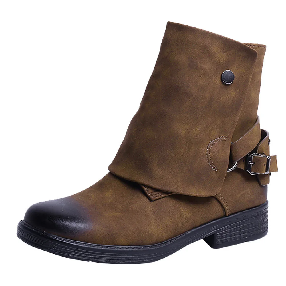 

Vintage Women Boots Fashion Lady Round Toe Leather Booties Zipper Martin Boots Square Heel Shoes Warm Short Plush botas mujer