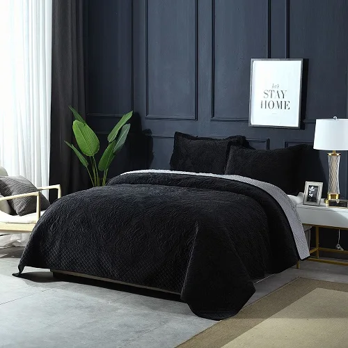 Качественное роскошное бархатное покрывало, набор стёганых одеял из 3 предметов, постельные принадлежности, зимние толстые вышитые стеганые одеяла, покрывало для кровати, покрывало для кровати King size - Цвет: Черный