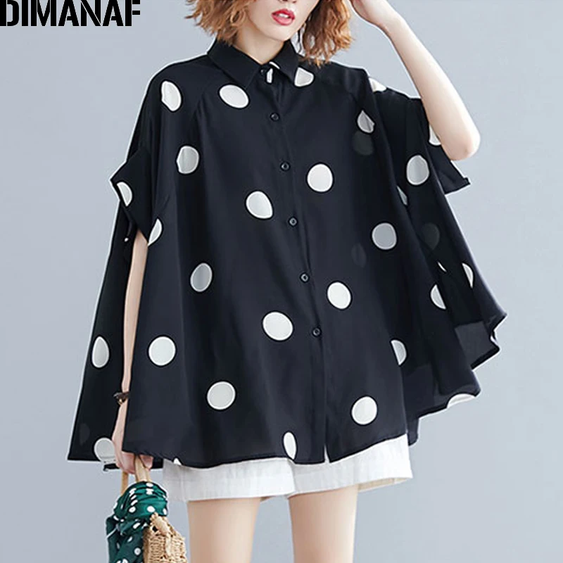  DIMANAF Plus Size Women Blouse Shirt Big Size Summer Casual Lady Tops Tunic Print Polka Dot Loose F