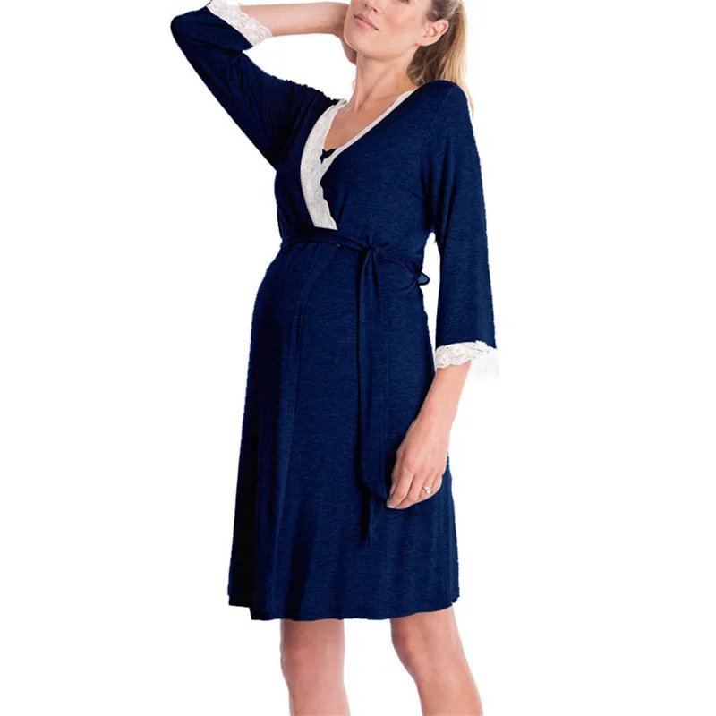 Robe com Cinto Moda Rendas Retalhos Maternidade Pijamas Três Quartos Mangas Vestidos Roupas Femininas Grávidas 6 Cápsulas de dormir