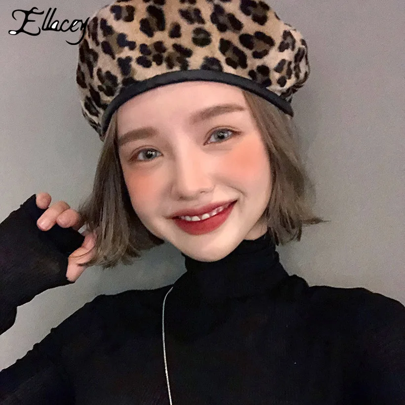 Ellacey 2018 осень-зима Leopard Для Женщин Береты ретро шерстяные Кепки модная одежда для девочек малярные шляпы из искусственной кожи Леопардовый