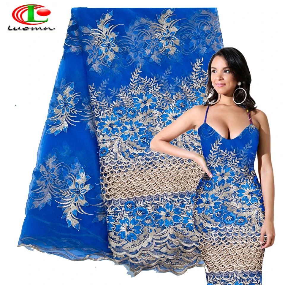 

Royal Blue African Beaded Lace Fabric 2018 High Quality Lace Material Wine French Lace Fabric Nigerian Tulle Mesh Lace Fabrics