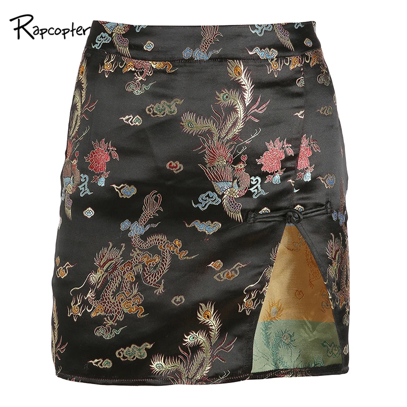 

Rapcopter Chinese Style Womens Skirts Empire Print Mini Skirt Broadside Zipper Sexy Female Skirts Fashion Design Women Pop Skirt