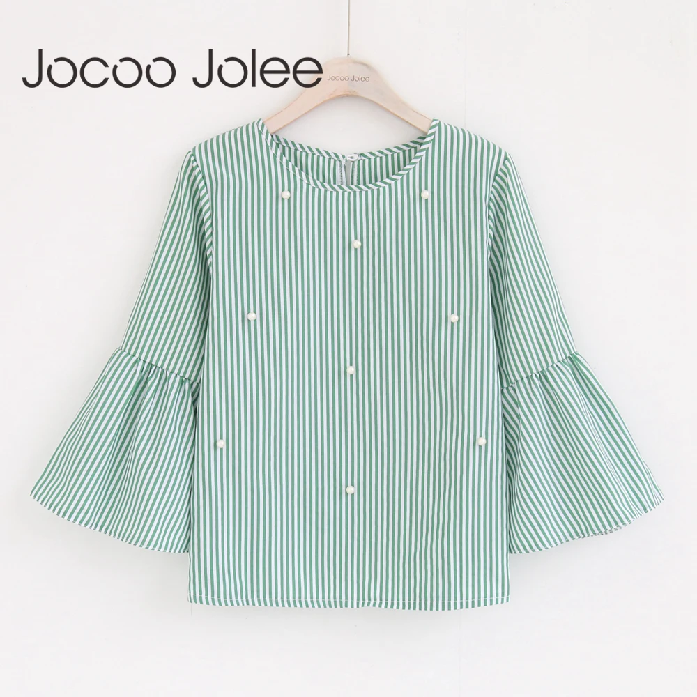 

Jocoo Jolee 2018 New women elegant pearls beading striped shirt flare sleeve O neck Blouses ladies summer brand casual tops Tees