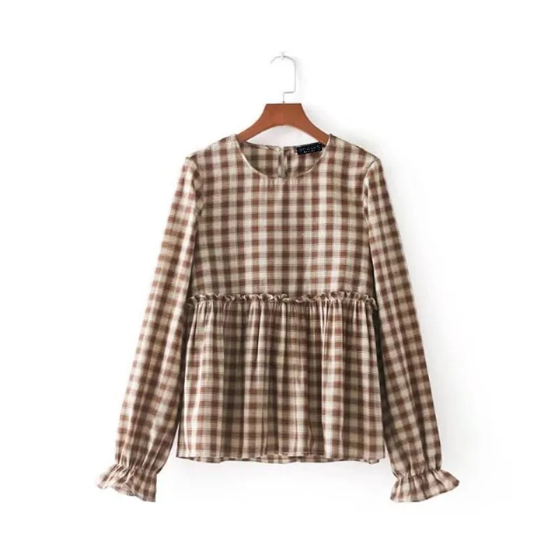 

NSZ Women Ruffles Shirt Plaid Blouse Loose Casual Long Sleeve O-Neck Pleated Hem Camisa
