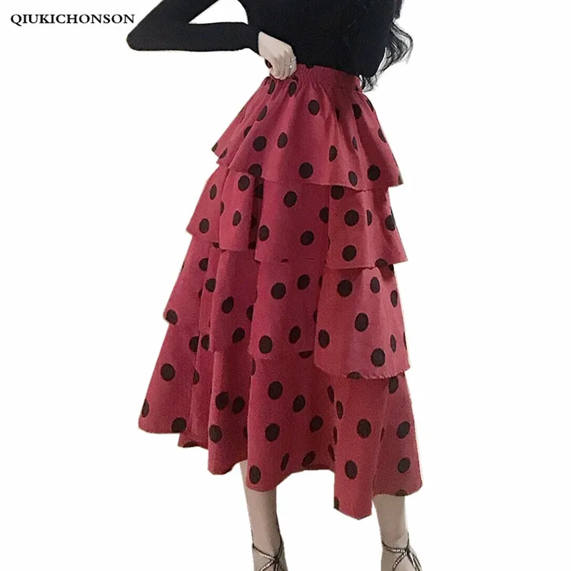 

Korean Fashion Women Long High Waist Skirts Midi Length Autumn Winter Elastic Waist Vintage Cake Layered Ruffle Polka Dot Skirts