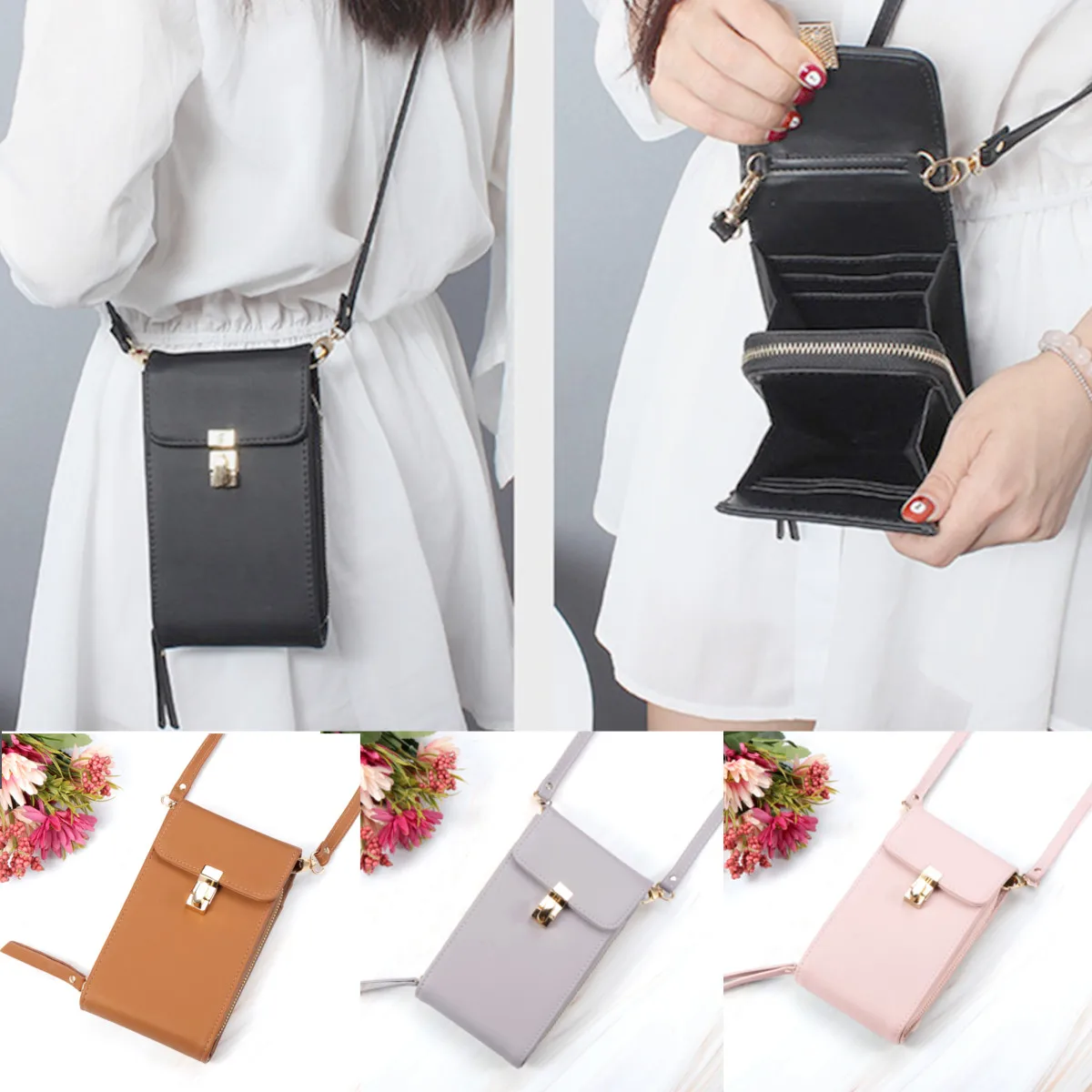 

New Fashion PU Leather Phone Women Wallet Shoulder Bag Coin Card Holder Purse Solid Color High capacity Lock student Wallet