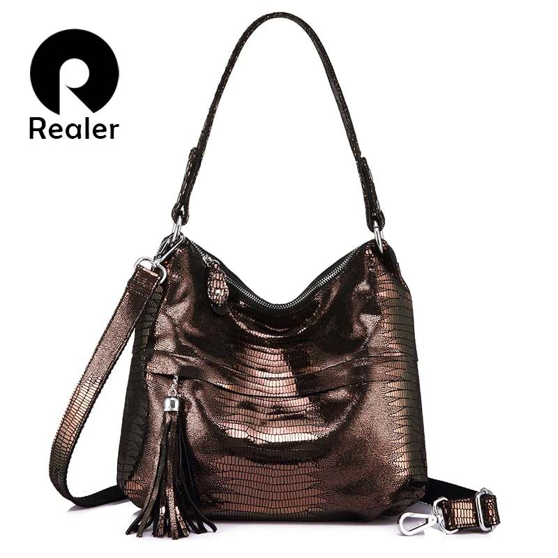 

REALER ladies genuine leather handbags hobos female tassel shoulder messenger bag women totes crossbody top-handle bags student