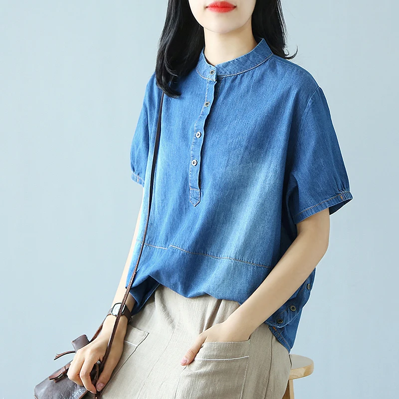

TongKou 2019 spring and summer new denim cotton shirt female short-sleeved loose large size was thin wild lapel female