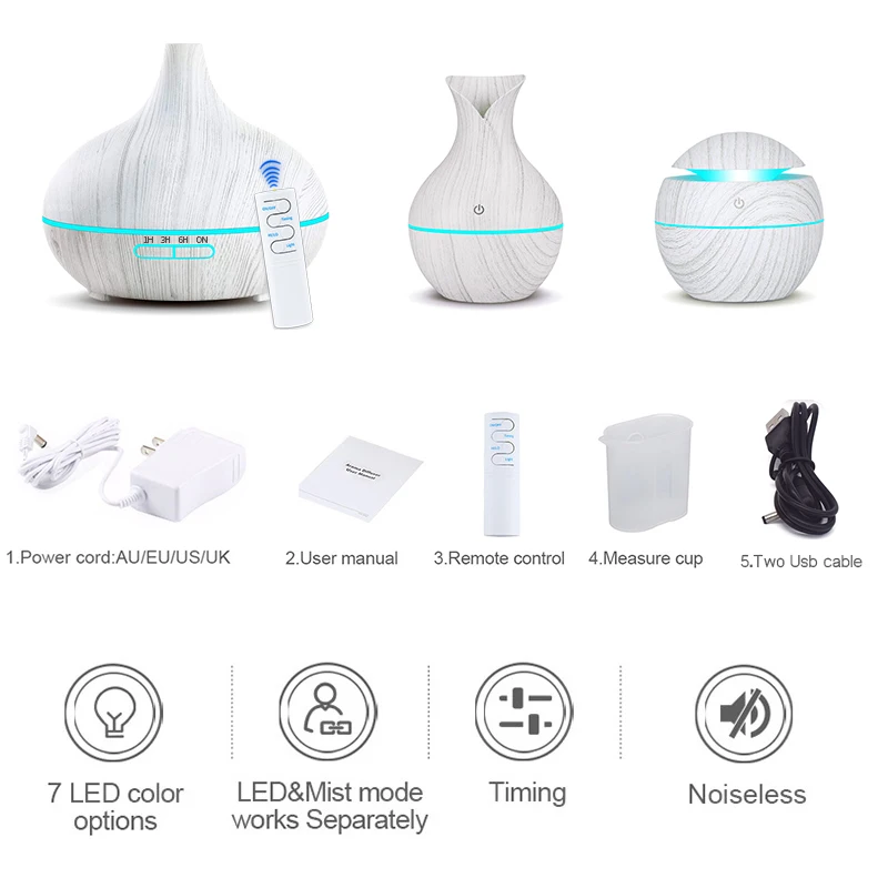 3pcs Wood grain Air Humidifier set Aroma Essential Oil Diffuser Ultrasonic Cool Mist Purifier 7 Color Change LED Night light
