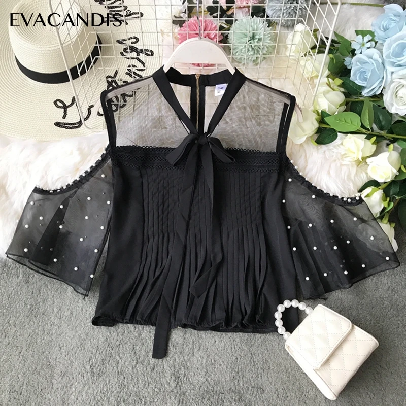 

Beading Mesh Short Women Blouse Ruffle Off Shoulder Shirt Black Korean Pink White Lace Up Sexy Beach Summer Women Crop Top