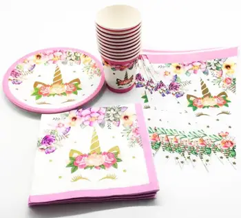 

50pcs Cartoon Unicorn pink Plastic plate cup flag Napkin Party Decoration for Kids Birthday Party Decoration Supplies