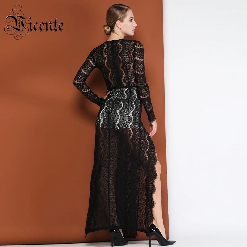 Sexy V De En Celebrity Vicente Longues Col Party Dentelle Longue Plongeant Manches Wear Chaude Chic Gros Split Robe Noir TY7Y8gwq