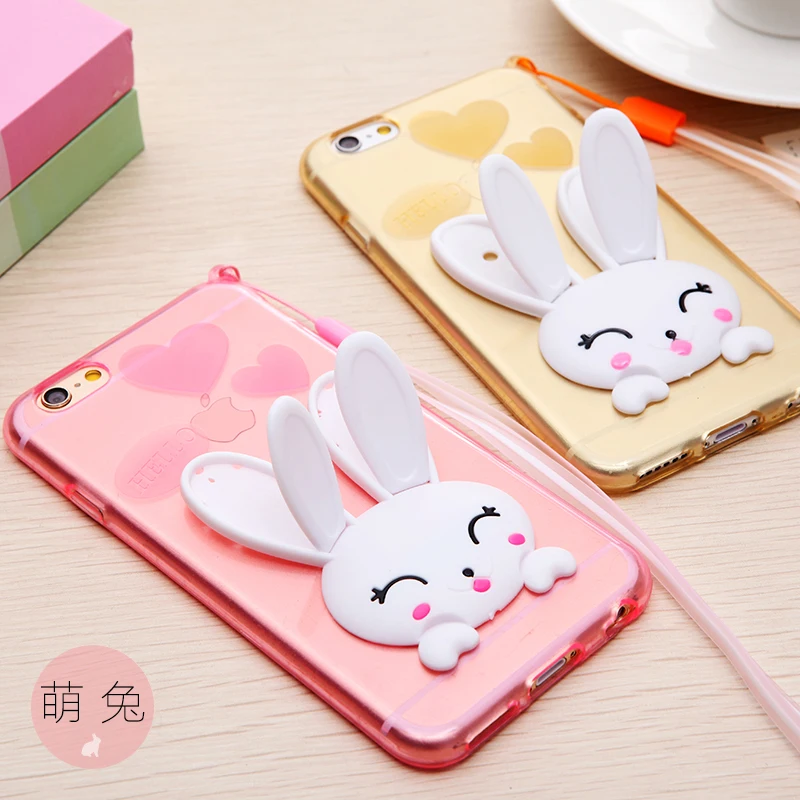 Cute 3D Rabbit Transparent Soft TPU Phone Back Cover Case with Lanyard ...