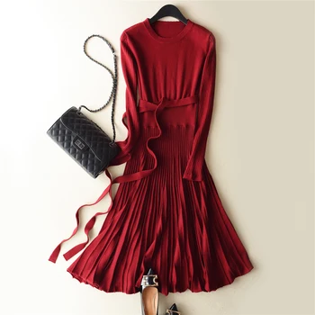 

adohon 2018 womens Spring Cashmere sweaters and autumn women knitted Dresses Pullovers High Quality Warm Pleated Ankle-Length