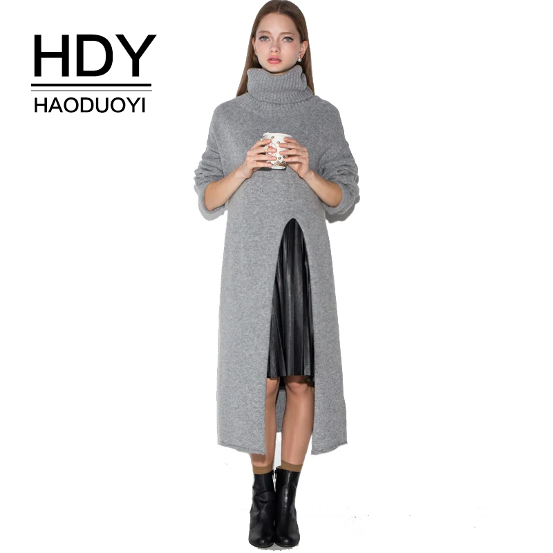 

HDY Haoduoyi Long Sleeve Sweater Dress Autumn Wram Side Slit Long Sweaters Pullovers Ladies Knit Tops Women's Gray Turtleneck