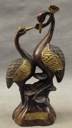 

wholesale factory 9" Chinese Bronze Gilt Decoration RuYi FengShui Longevity 2 Bird Crane Statue