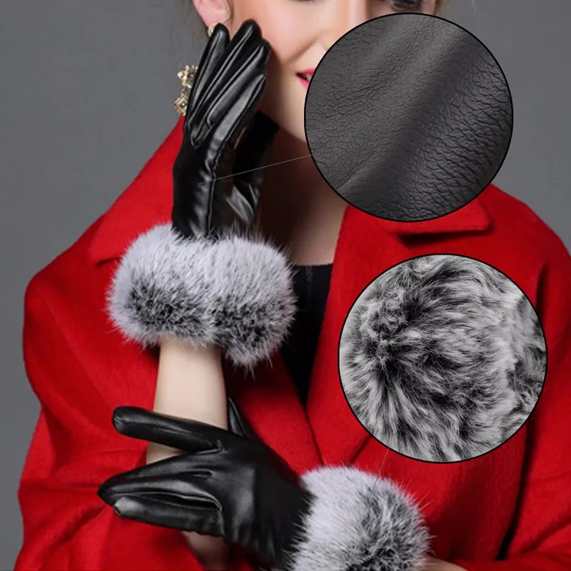 Модные женские черные кожаные перчатки с сенсорным экраном, зимние осенние теплые меховые варежки с кроличьим мехом