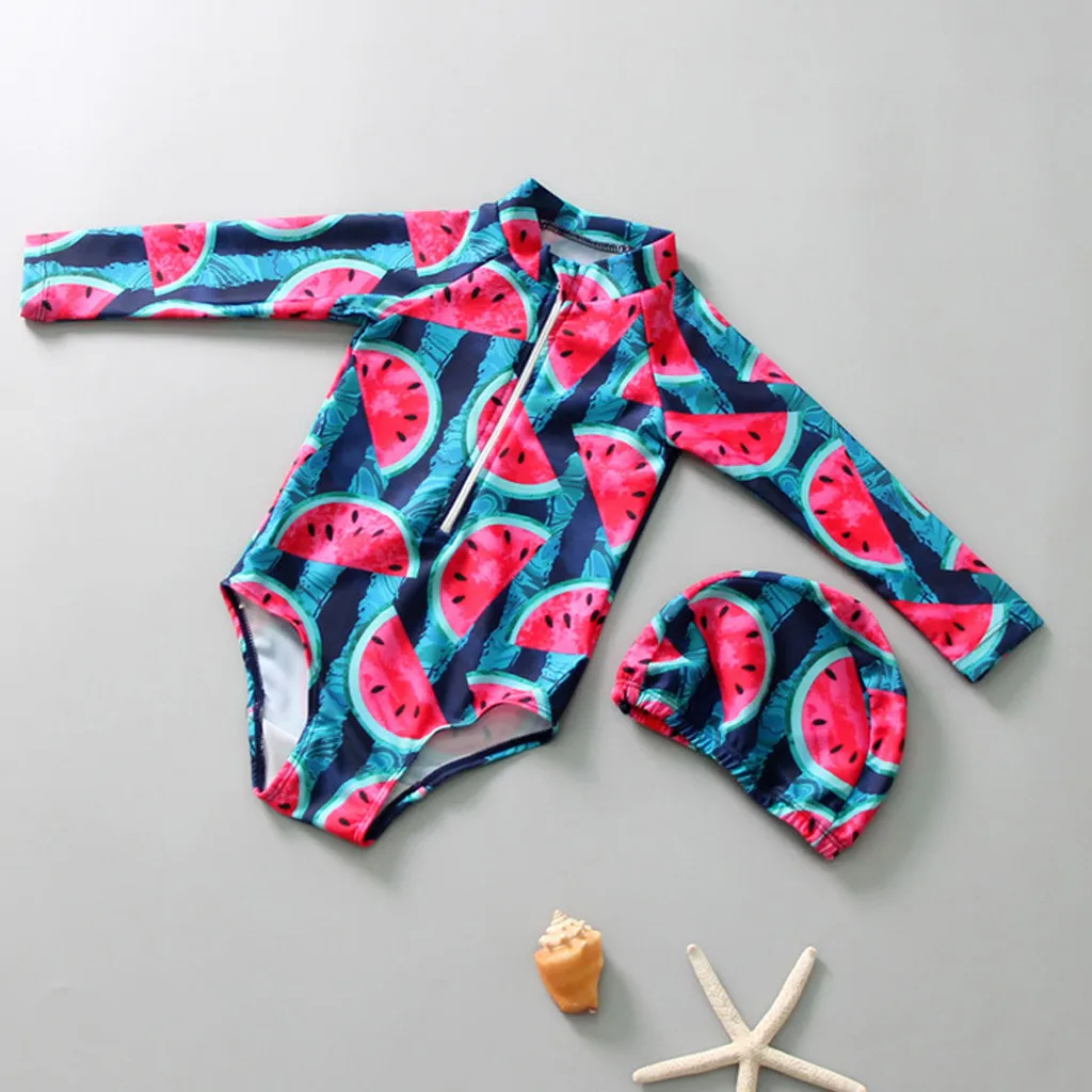 

MUQGEW children clothes toddler clothes Kids Baby Girls Long Sleeve Fruit Print Beach Swimwear Hat Clothes Set roupa menina