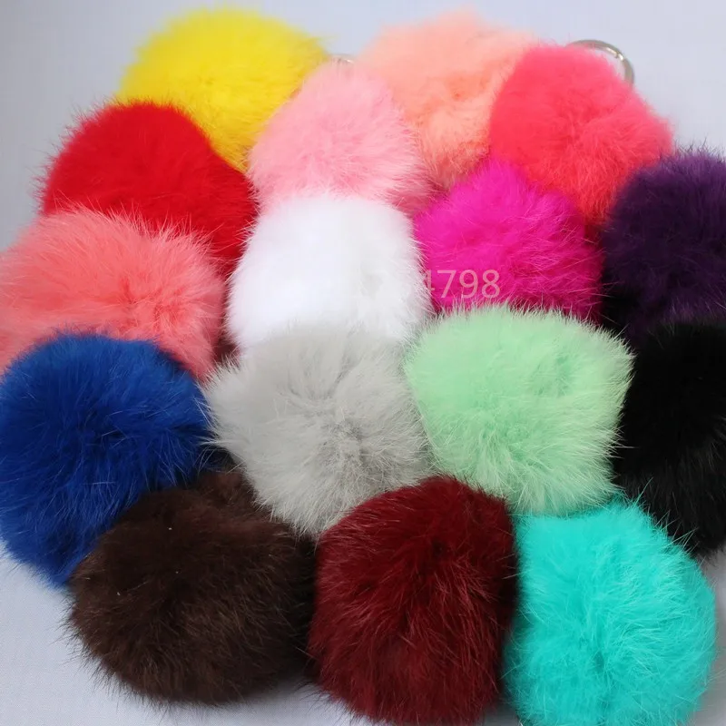 16Colors Real Fur Ball 8cm Pompom Keychain Car Keyring Rabbit Fur Ball Keychain Fur Brand Pompons Bag Charms With Chains Keyring