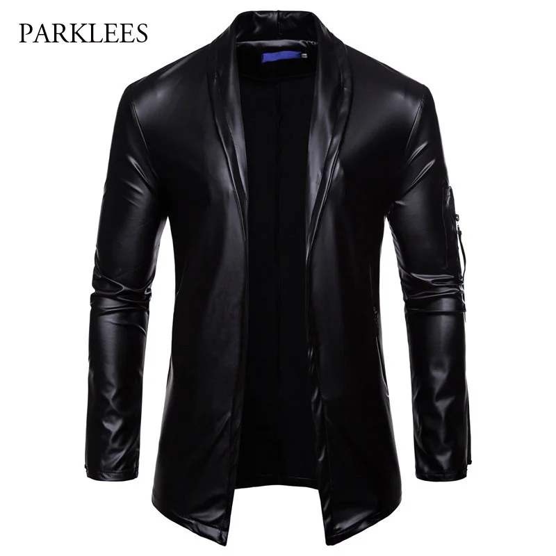 

Brand Black PU Leather Suit Blazer Men Slim Fit Solid Color Cardigan Casaco Masculino Shiny Glitter Nightclub DJ Jaquetas Homens