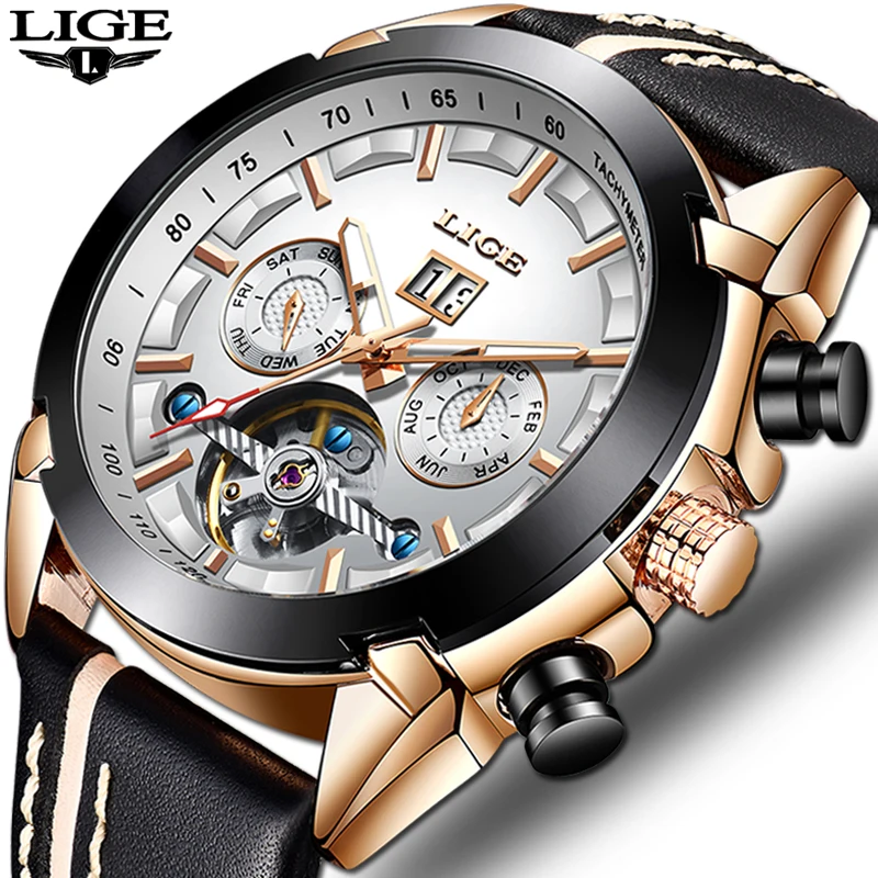 

LIGE Mens Watches Top Brand Luxury Tourbillon Automatic Watch Leather Waterproof Sport Clock Week Watch Relogio Masculino+Box