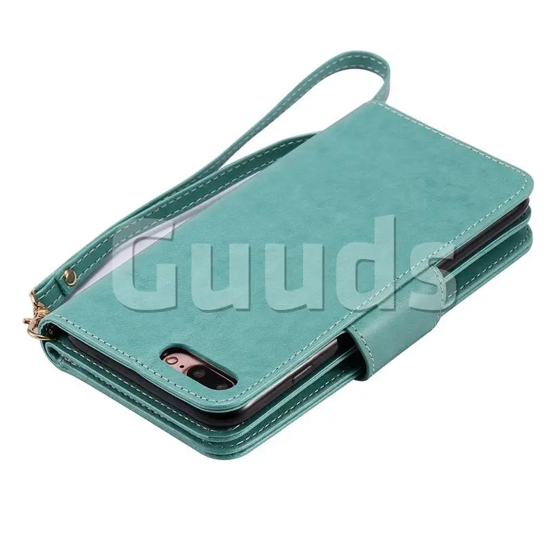 Embossing Cat Girl 9 Card Leather Wallet Case for iPhone 8 Plus / 7 Plus 7P(5.5 inch) - Green