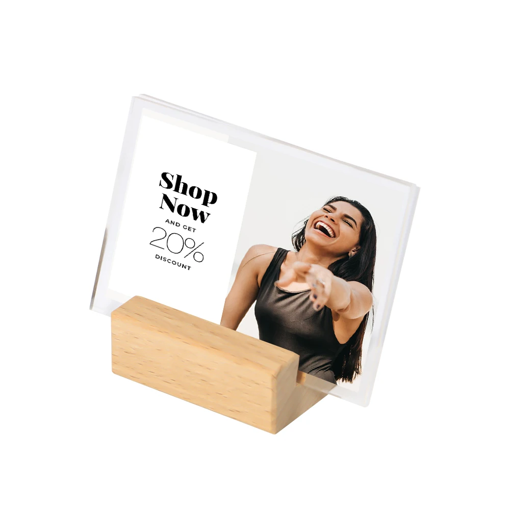 

100*70mm Acrylic Sign Stand Paper Tag Card Display Wooden Sign Display Wood Table Name Card Holder Stand Price Tag Display Rack
