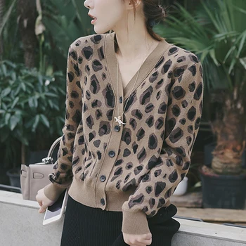 

Cash Sale Women New Fashion Leopard Knitting Wear Long Sleeve Cardigans V-neck Casual Korean Style Open Stitch
