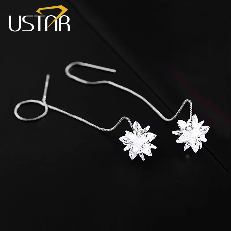 

USTAR Crystals Icicle Long Earrings for Women AAA Cubic Zirconia Ice Flower drop Earrings female Fashion Jewelry brincos gifts