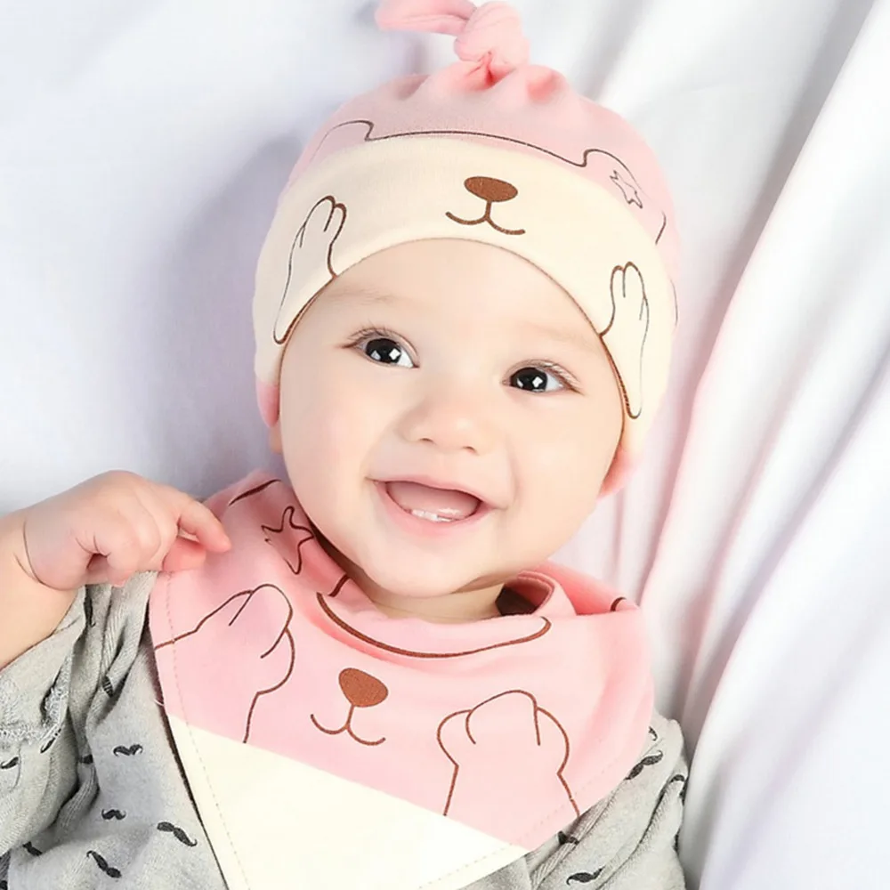 

Baby Boys Girls Cartoon Bear Cotton Cute Cap + Triangle Towel Kids Hat Bibs Saliva Set 0-12M