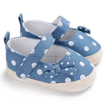 

Newborn Baby Girl Shoes Cute Bow Blue Dot Print Princess Kid Anti-slip On Shoes Toddler Crib Hook & Loop First Walkers