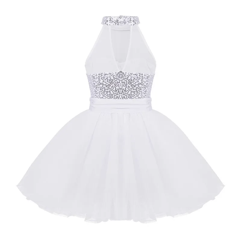 Kids Girls Mock Neck Ballet Dance Dress Gymnastic Leotard Shiny Sequins Sleeveless Mesh Splice Ballet Leotard Flower Girls Dress