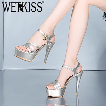 

WETKISS Platform Sandals Women 2019 Stiletto Heels High Summer Sandals Pu Fashion Shoes Female Open Toe Wedding Shoes White