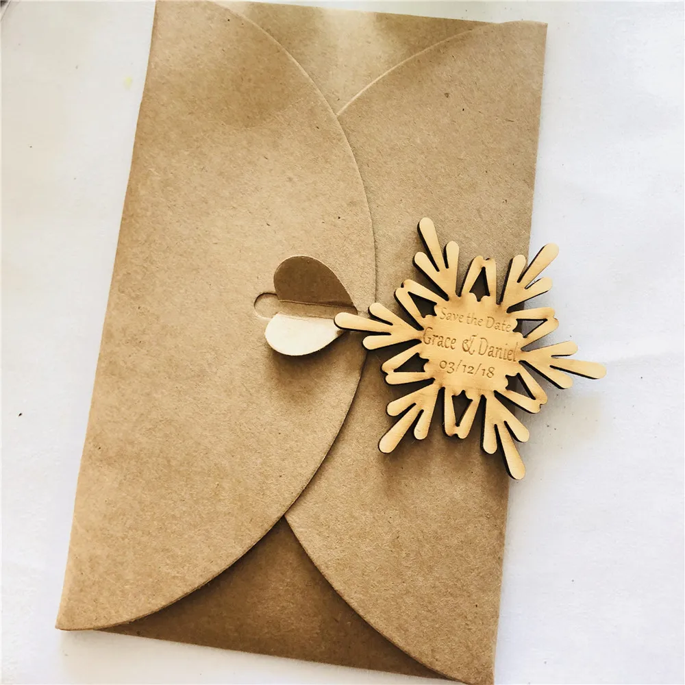 Wooden Save the Date Magnet Wedding Invitation Personalized Name Snowflake Shape Wood Save the Date - 32933694055
