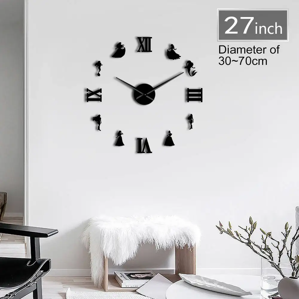 

Mermaid & Princess DIY Large Wall Clock Fairytale Style Wall Clock 3D Mirror Effect Girls Room Creative Wall Sticker Wall Watch