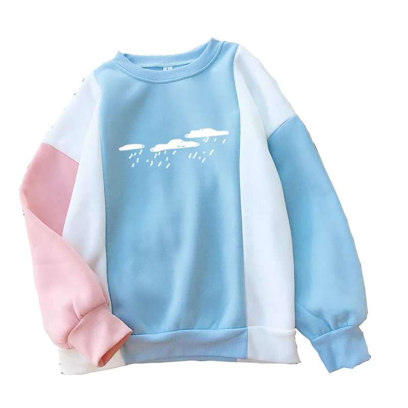 

Autumn Sweatshirts Women Kpop New Casual Harajuku Fleece Hoodies Ladies O-neck Color Block Kawaii Cloud Printed Pullover Clothes