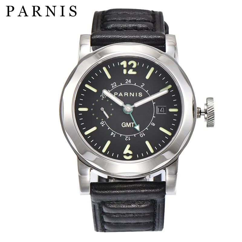 43 мм Мужские часы Parnis автоматические часы черные 12 и 24 часа 10 бар водонепроницаемые светящиеся GMT механические часы Relogio Masculino