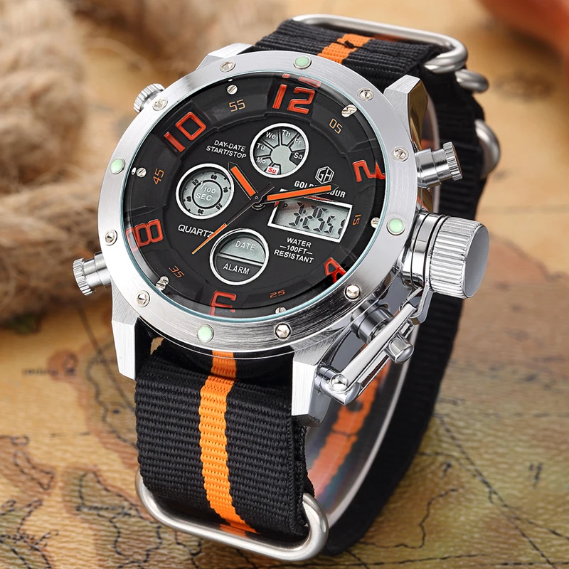 

GOLDENHOUR Sports Military Dual Time LED Digital Watch Men Canvas Strap Date Alarm Multifunction Waterproof Quartz Clock