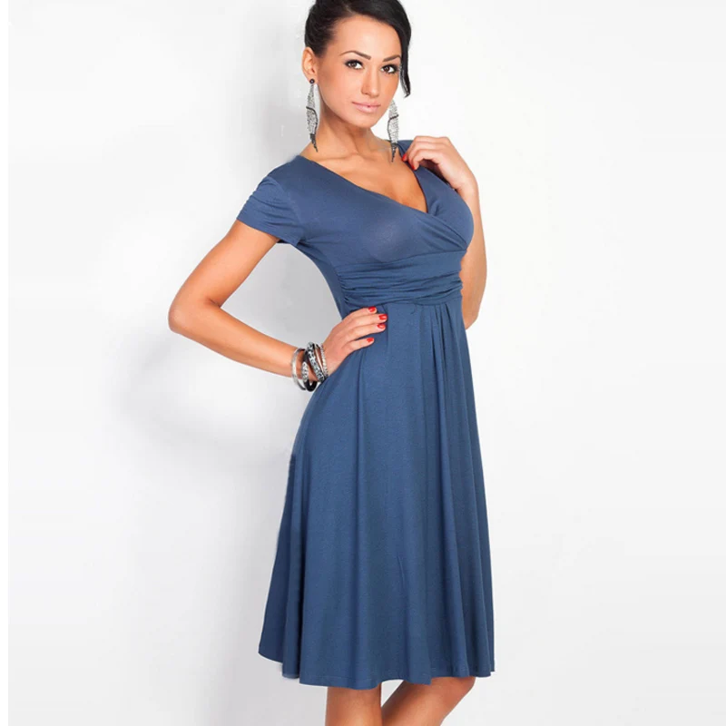 2018 hot sale summer Big Size Ladies Office tunic Elegant V neck short Sleeve Pleated Plus