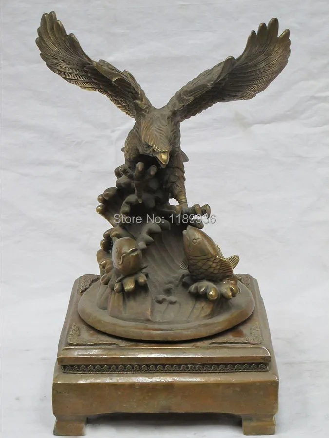 

14.5"China Art Bronze sculpture vivid statue The eagle catch fish
