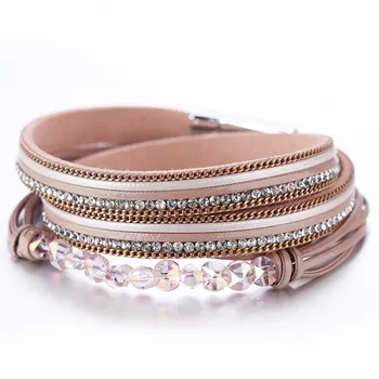 

Amorcome Multilayer Leather Bracelets For Women 2020 Fashion Red Pink Crystal Bohemian Double Wrap Bracelet Jewelry