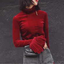 Alpha/Новинка года; сезон весна-осень; женские рубашки в винтажном стиле; бархатные рубашки принцессы с длинными рукавами и воротником под горло; тонкая элегантная Базовая футболка