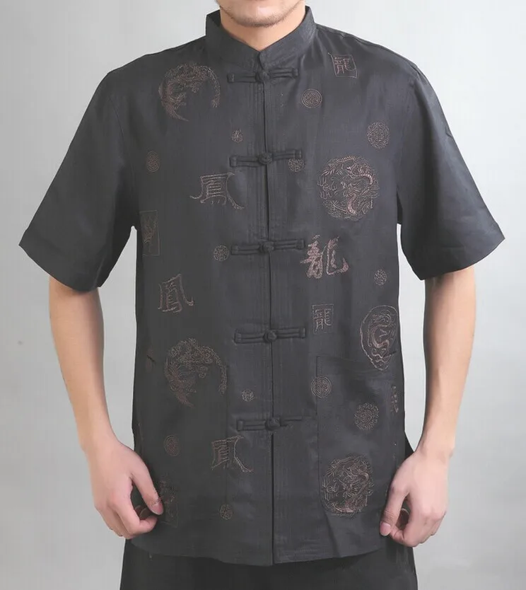 Black Traditional Chinese style Men's Cotton Linen Kung Fu Shirt Top