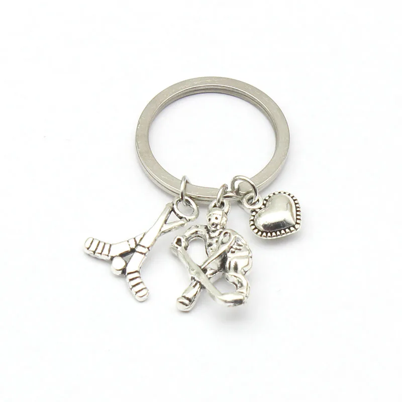 Antique Silver Hockey Players pendant key ring Hockey Heart charms Sports keychain jewelry Findings