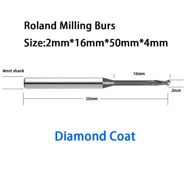 

2.0mm 16mm Reach Effect Length Diamond Coat Roland Tool D30, D50, 51D Milling burs for Zirconia, Wax, PMMA, etc
