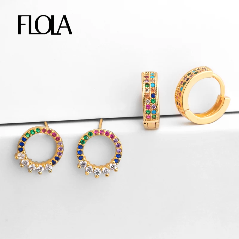 

FLOLA Cubic Zirconia Huggie Earrings For Woman Rainbow Earrings Studs Colorful aretes de moda Trending Jewellery 2019 ersq25